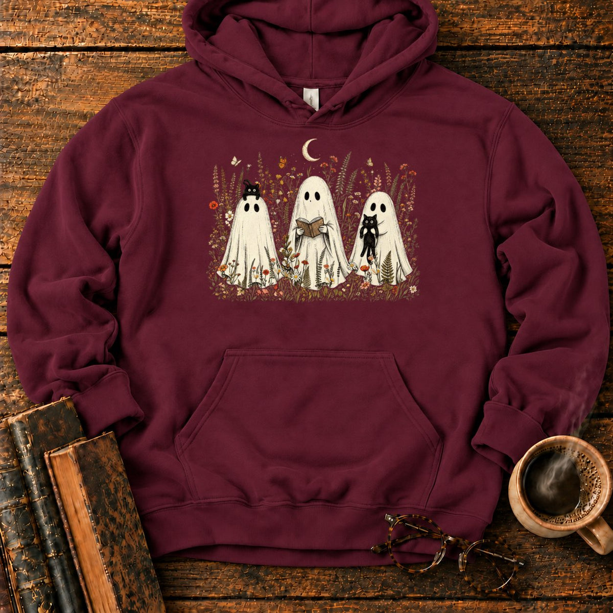 Three Ghosts In A Moonlit Meadow Hoodie in Maroon – BooksThreads