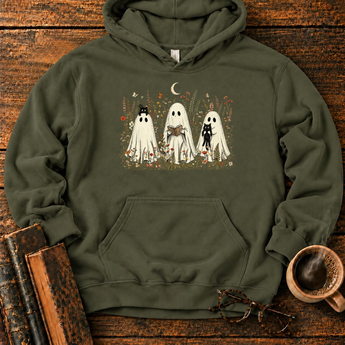Three Ghosts In A Moonlit Meadow Hoodie in Military Green – BooksThreads