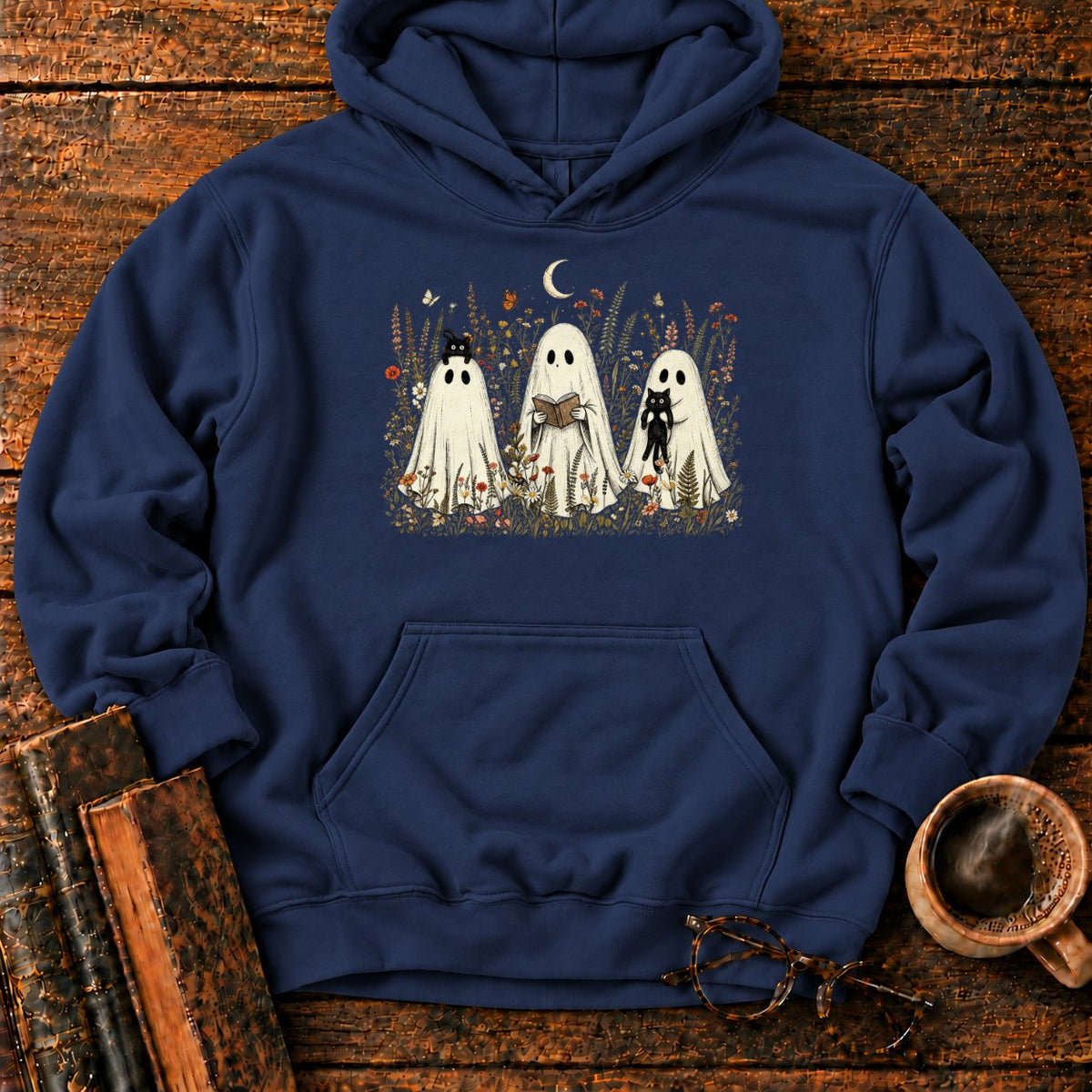 Three Ghosts In A Moonlit Meadow Hoodie in Navy – BooksThreads