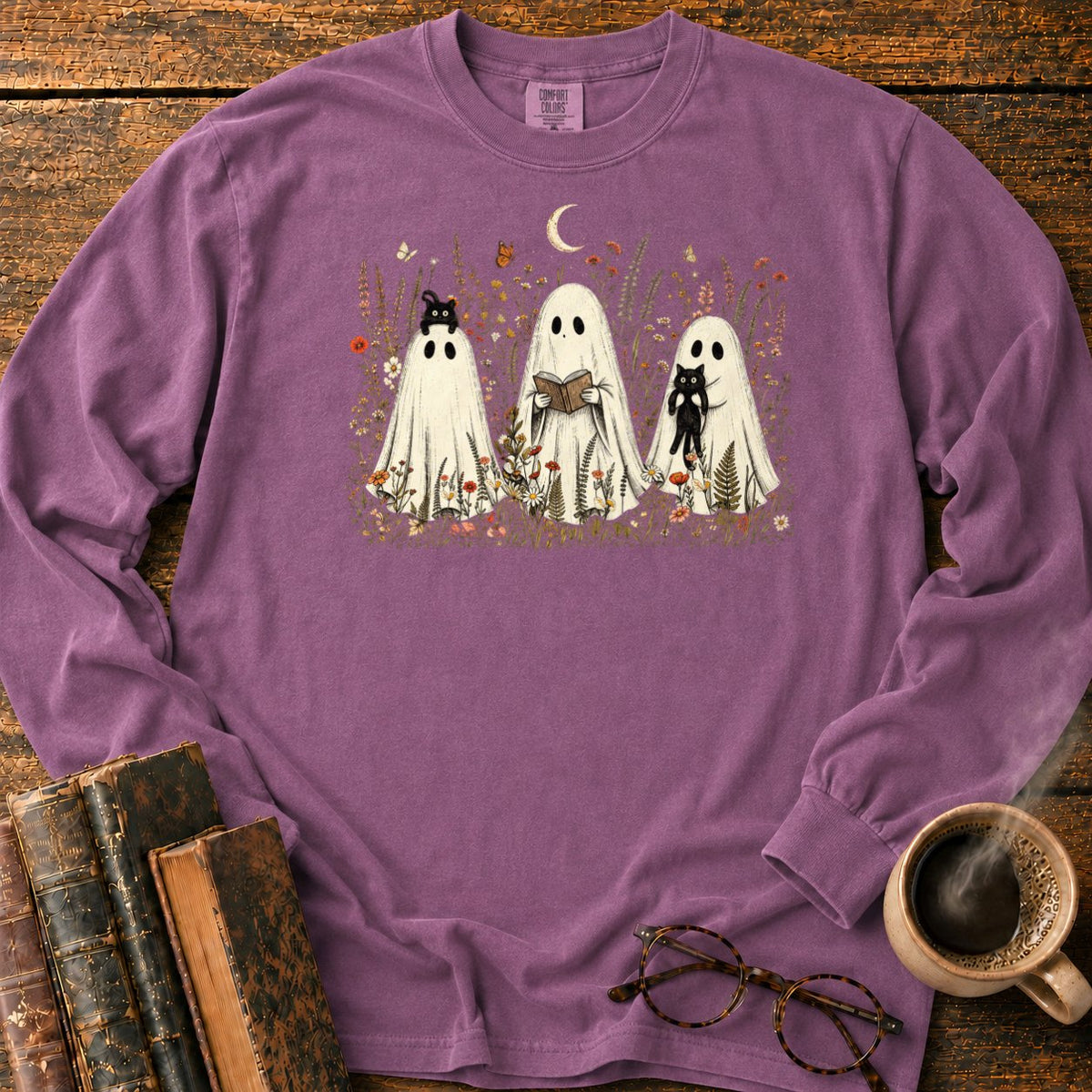 Three Ghosts In A Moonlit Meadow LS T-Shirt in Berry – BooksThreads