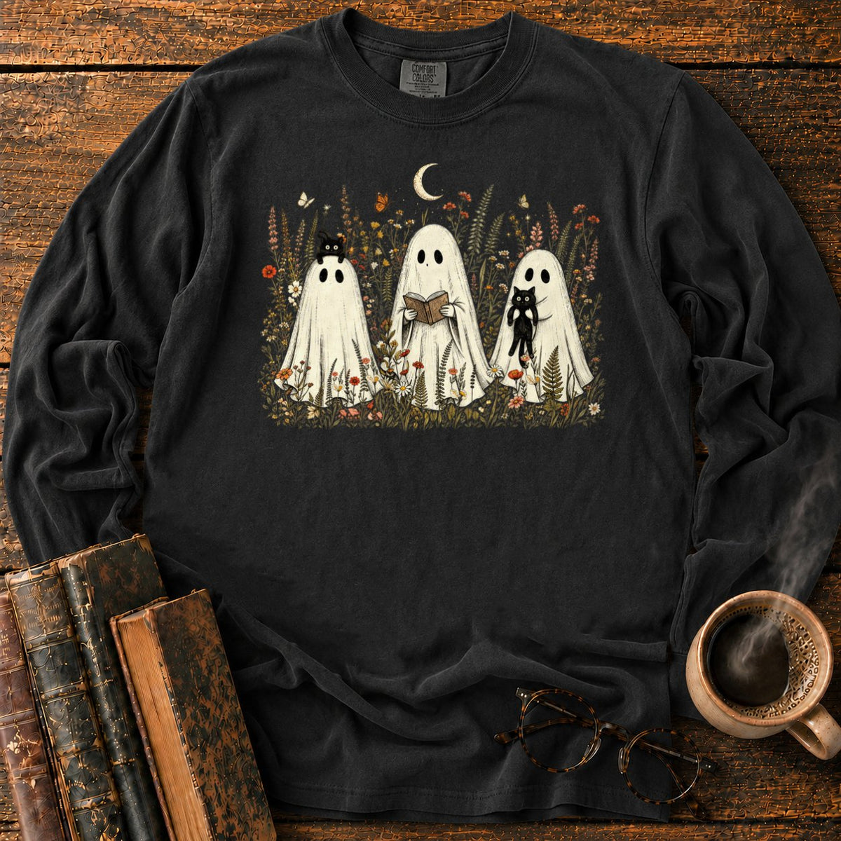 Three Ghosts In A Moonlit Meadow LS T-Shirt in Black – BooksThreads