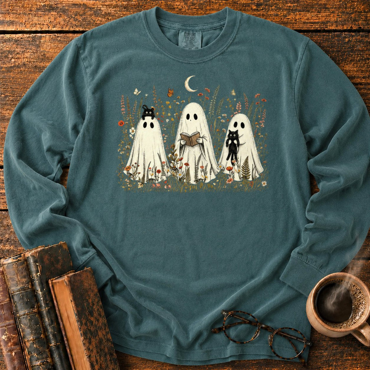 Three Ghosts In A Moonlit Meadow LS T-Shirt in Blue Spruce – BooksThreads