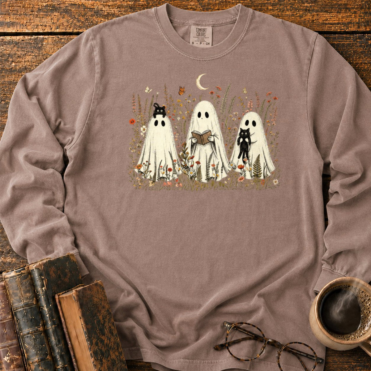 Three Ghosts In A Moonlit Meadow LS T-Shirt in Espresso – BooksThreads