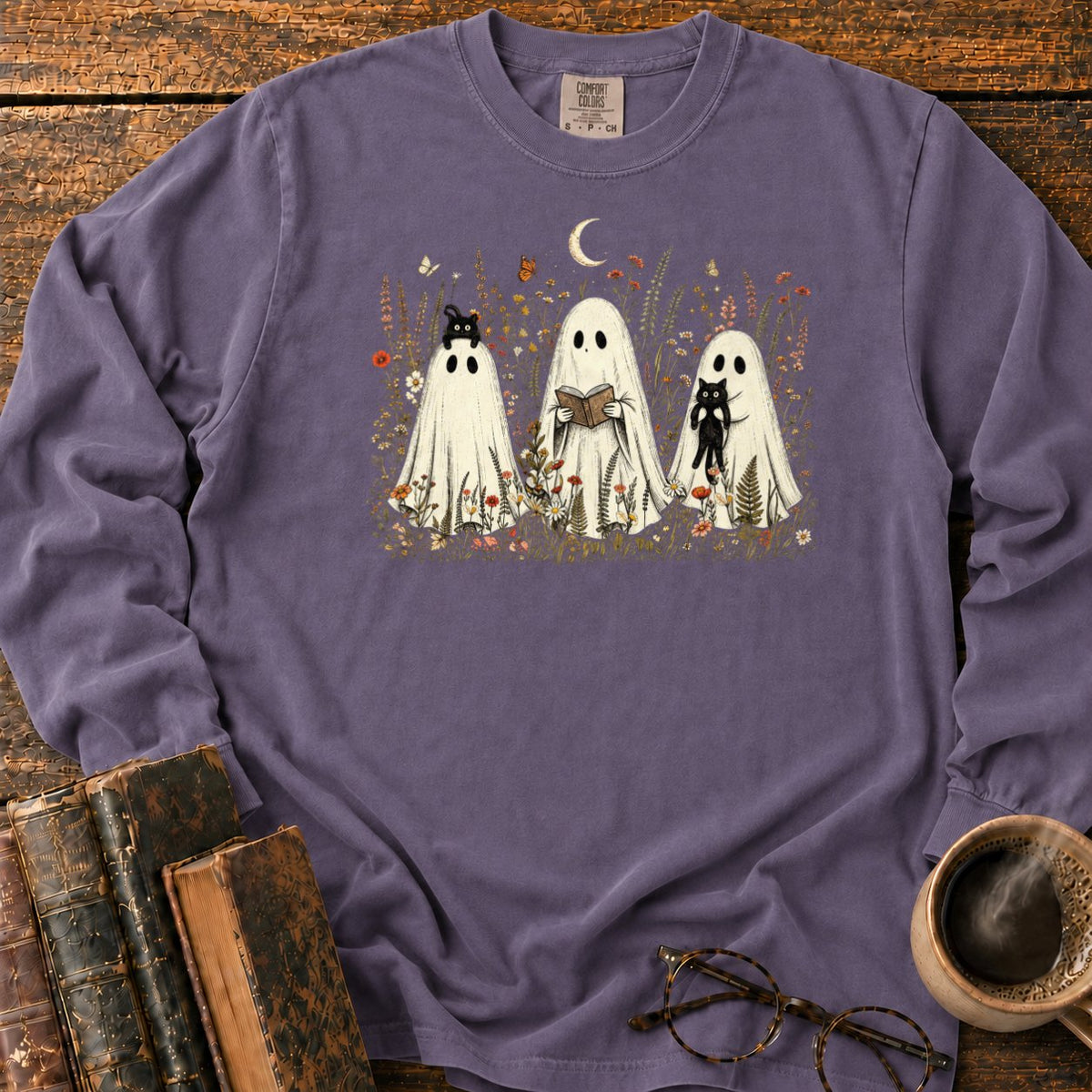 Three Ghosts In A Moonlit Meadow LS T-Shirt in Grape – BooksThreads