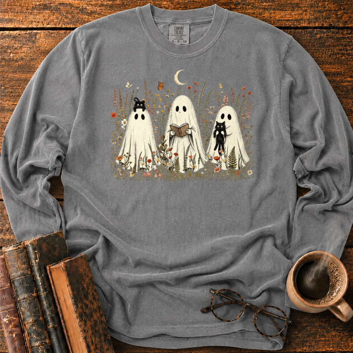 Three Ghosts In A Moonlit Meadow LS T-Shirt in Pepper – BooksThreads