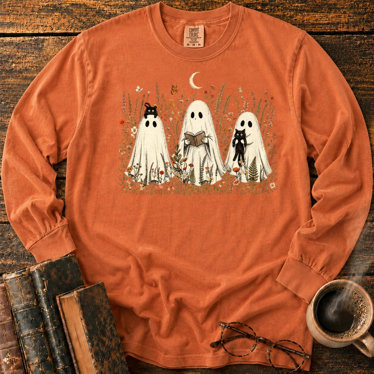 Three Ghosts In A Moonlit Meadow LS T-Shirt in Yam – BooksThreads