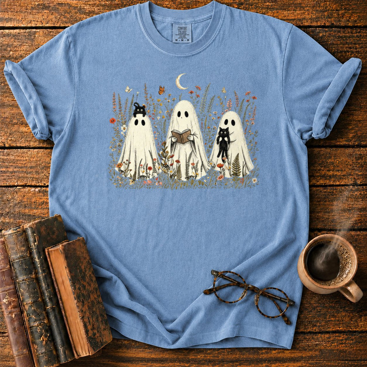 Three Ghosts In A Moonlit Meadow T-Shirt in Blue Jean – BooksThreads