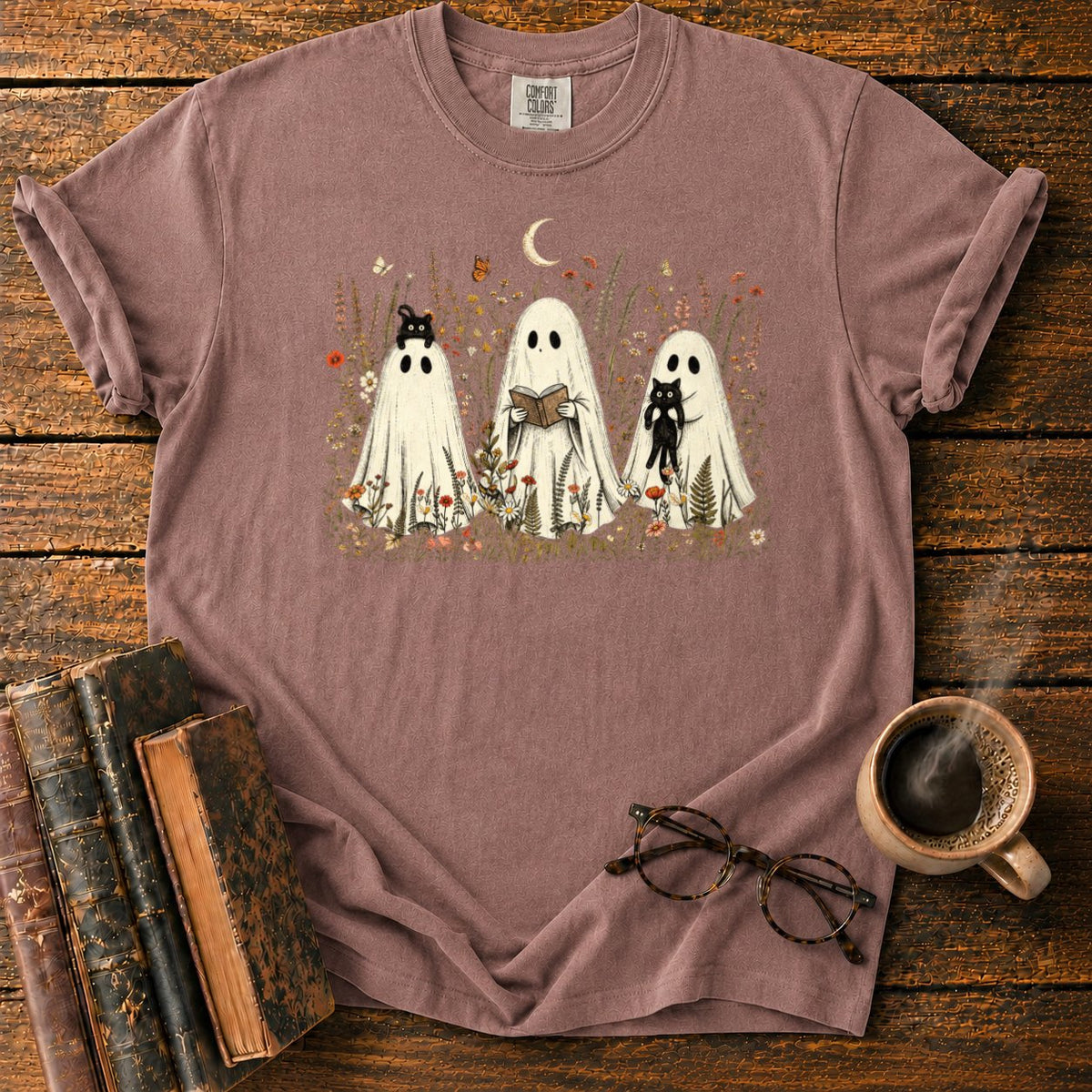 Three Ghosts In A Moonlit Meadow T-Shirt in Espresso – BooksThreads