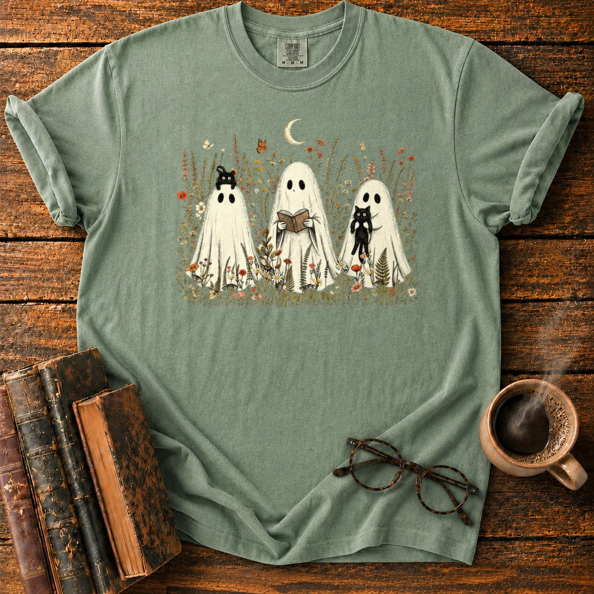 Three Ghosts In A Moonlit Meadow T-Shirt in Moss – BooksThreads