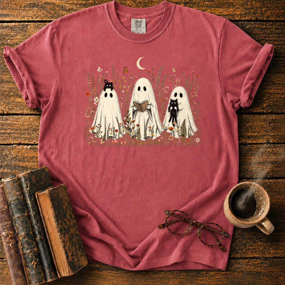 Three Ghosts In A Moonlit Meadow T-Shirt in Watermelon – BooksThreads
