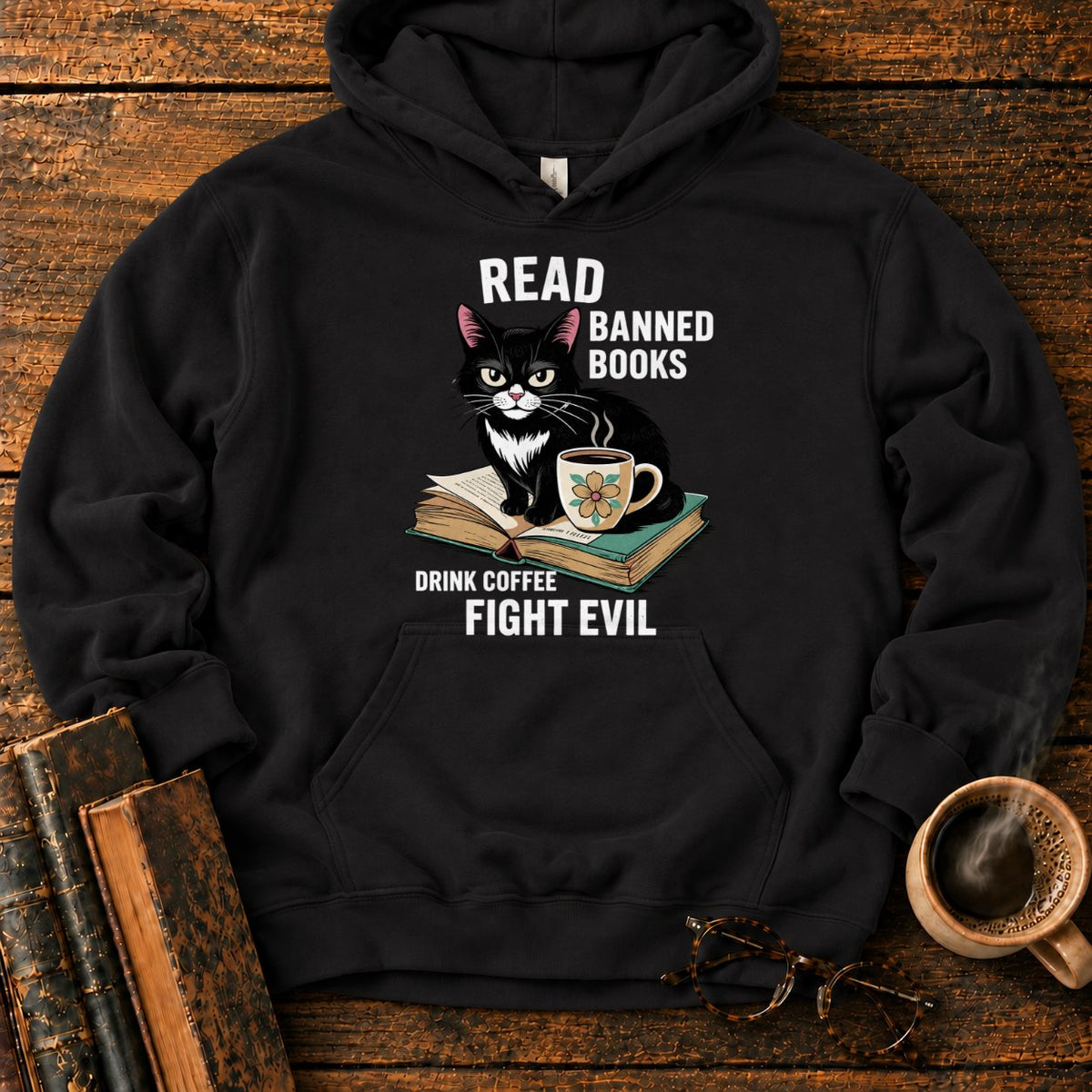 Tuxedo Cat, Books, And Coffee Hoodie in Black – BooksThreads