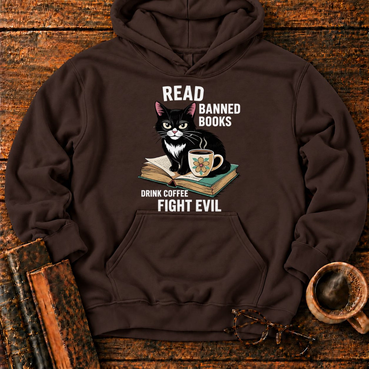 Tuxedo Cat, Books, And Coffee Hoodie in Dark Chocolate – BooksThreads