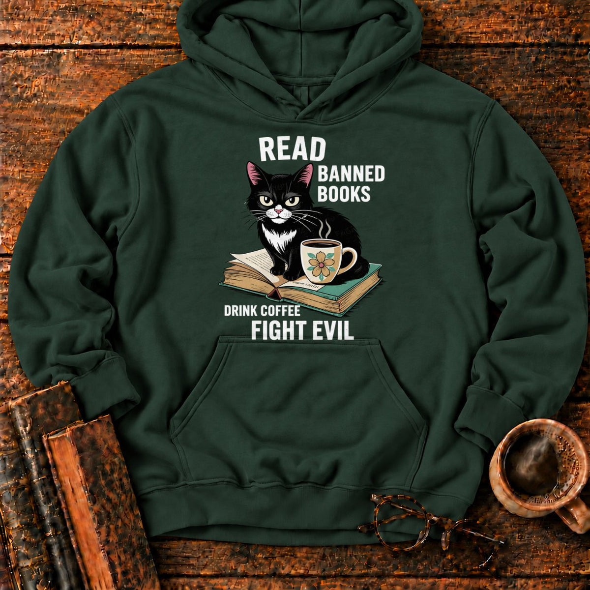 Tuxedo Cat, Books, And Coffee Hoodie in Forest Green – BooksThreads