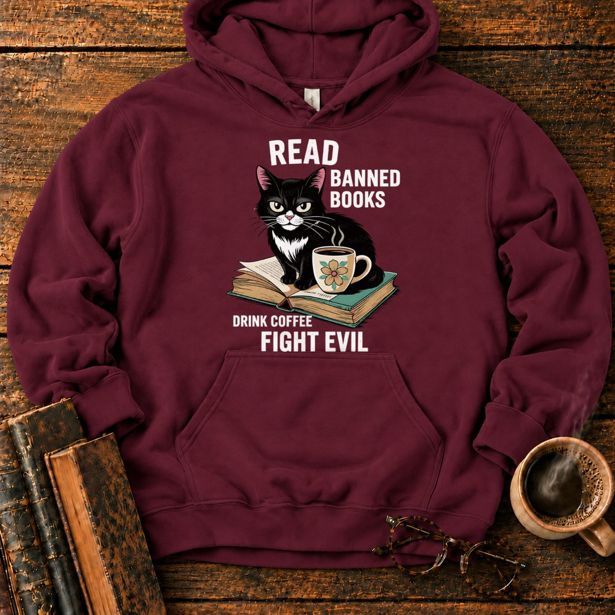 Tuxedo Cat, Books, And Coffee Hoodie in Maroon – BooksThreads