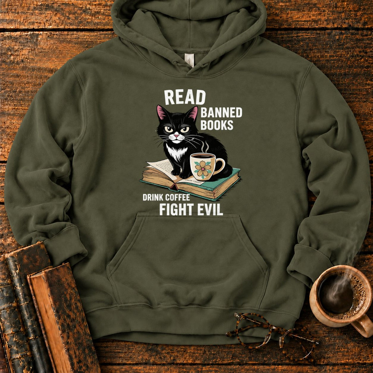 Tuxedo Cat, Books, And Coffee Hoodie in Military Green – BooksThreads