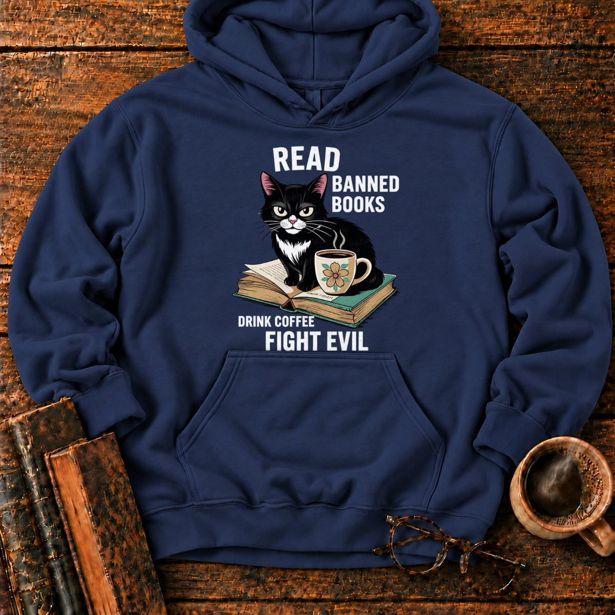 Tuxedo Cat, Books, And Coffee Hoodie in Navy – BooksThreads