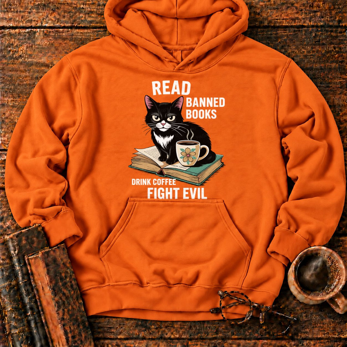 Tuxedo Cat, Books, And Coffee Hoodie in Orange – BooksThreads