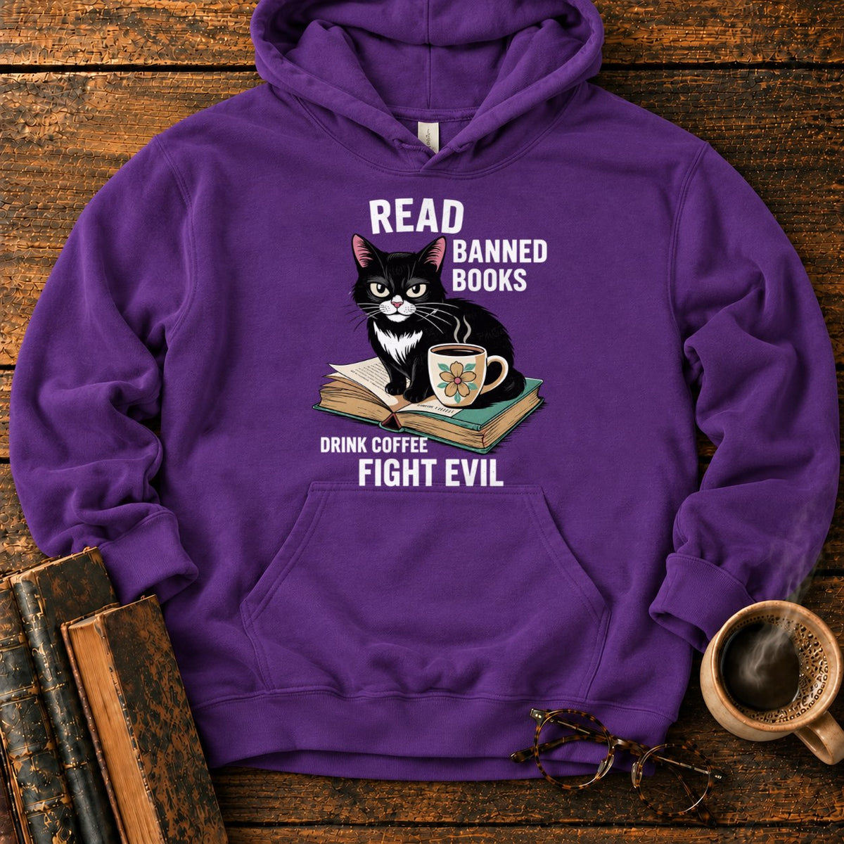 Tuxedo Cat, Books, And Coffee Hoodie in Purple – BooksThreads