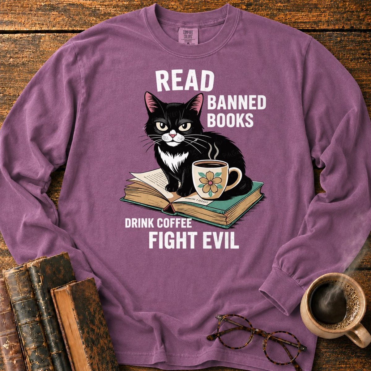Tuxedo Cat, Books, And Coffee LS T-Shirt in Berry – BooksThreads