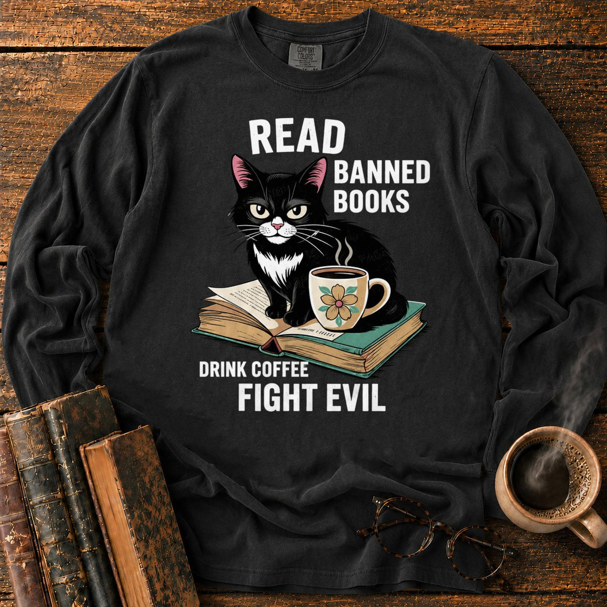 Tuxedo Cat, Books, And Coffee LS T-Shirt in Black – BooksThreads