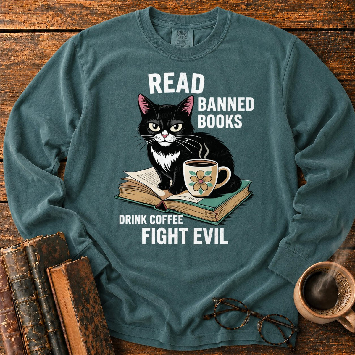 Tuxedo Cat, Books, And Coffee LS T-Shirt in Blue Spruce – BooksThreads