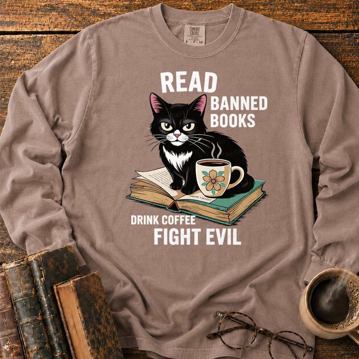 Tuxedo Cat, Books, And Coffee LS T-Shirt in Espresso – BooksThreads