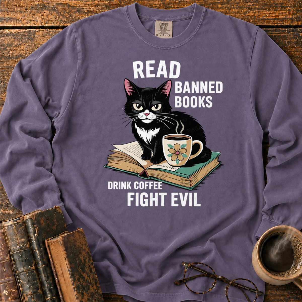 Tuxedo Cat, Books, And Coffee LS T-Shirt in Grape – BooksThreads