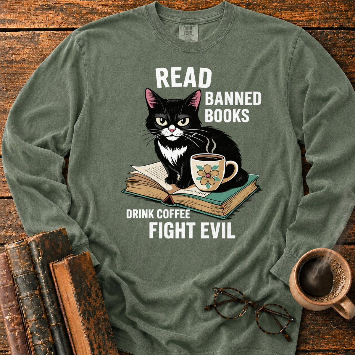 Tuxedo Cat, Books, And Coffee LS T-Shirt in Hemp – BooksThreads
