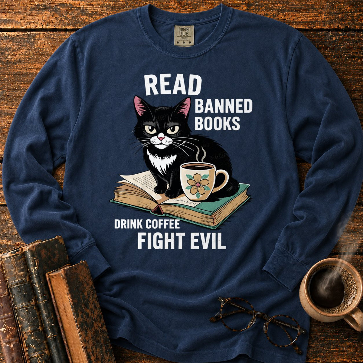 Tuxedo Cat, Books, And Coffee LS T-Shirt in Midnight – BooksThreads