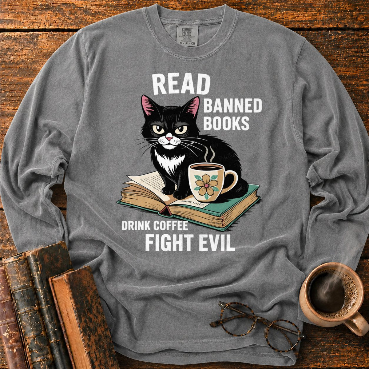 Tuxedo Cat, Books, And Coffee LS T-Shirt in Pepper – BooksThreads