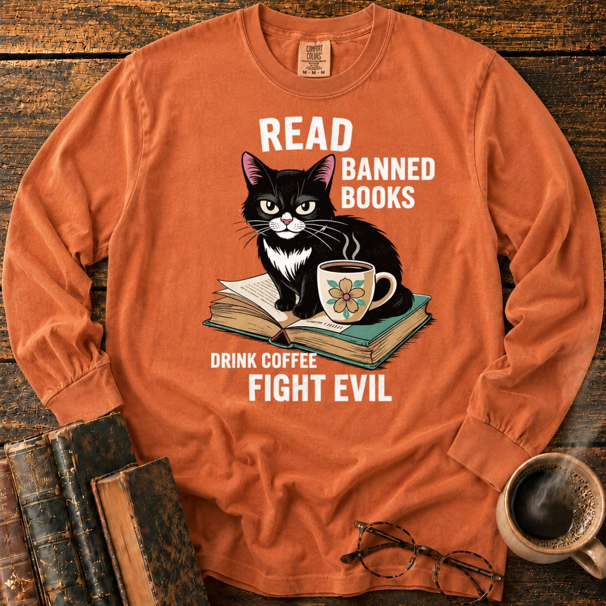 Tuxedo Cat, Books, And Coffee LS T-Shirt in Yam – BooksThreads
