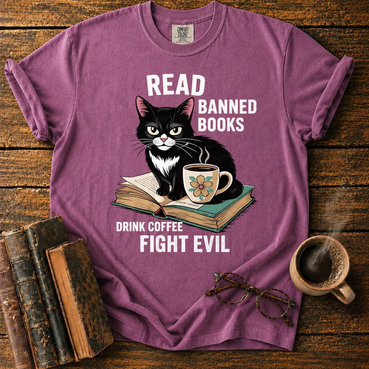 Tuxedo Cat, Books, And Coffee T-Shirt in Berry – BooksThreads