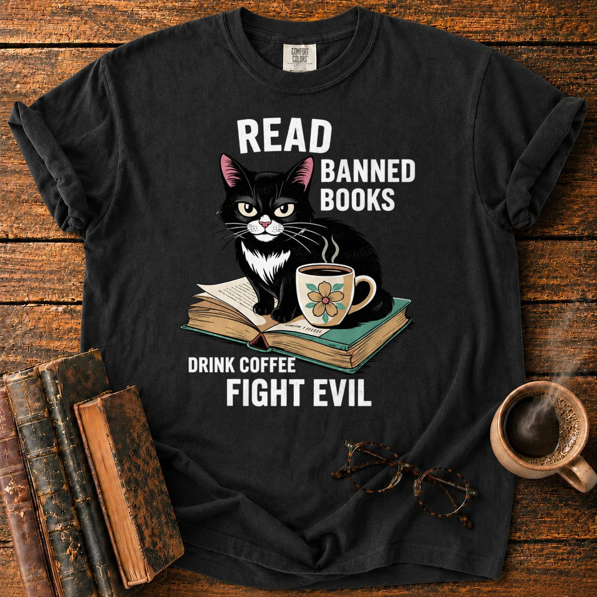 Tuxedo Cat, Books, And Coffee T-Shirt in Black – BooksThreads