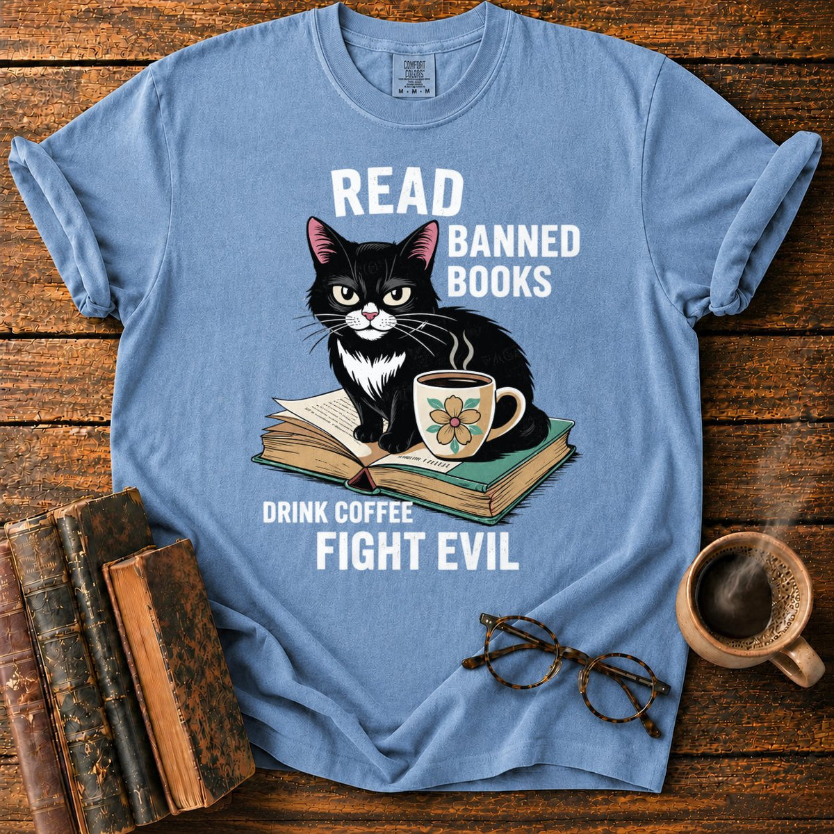 Tuxedo Cat, Books, And Coffee T-Shirt in Blue Jean – BooksThreads