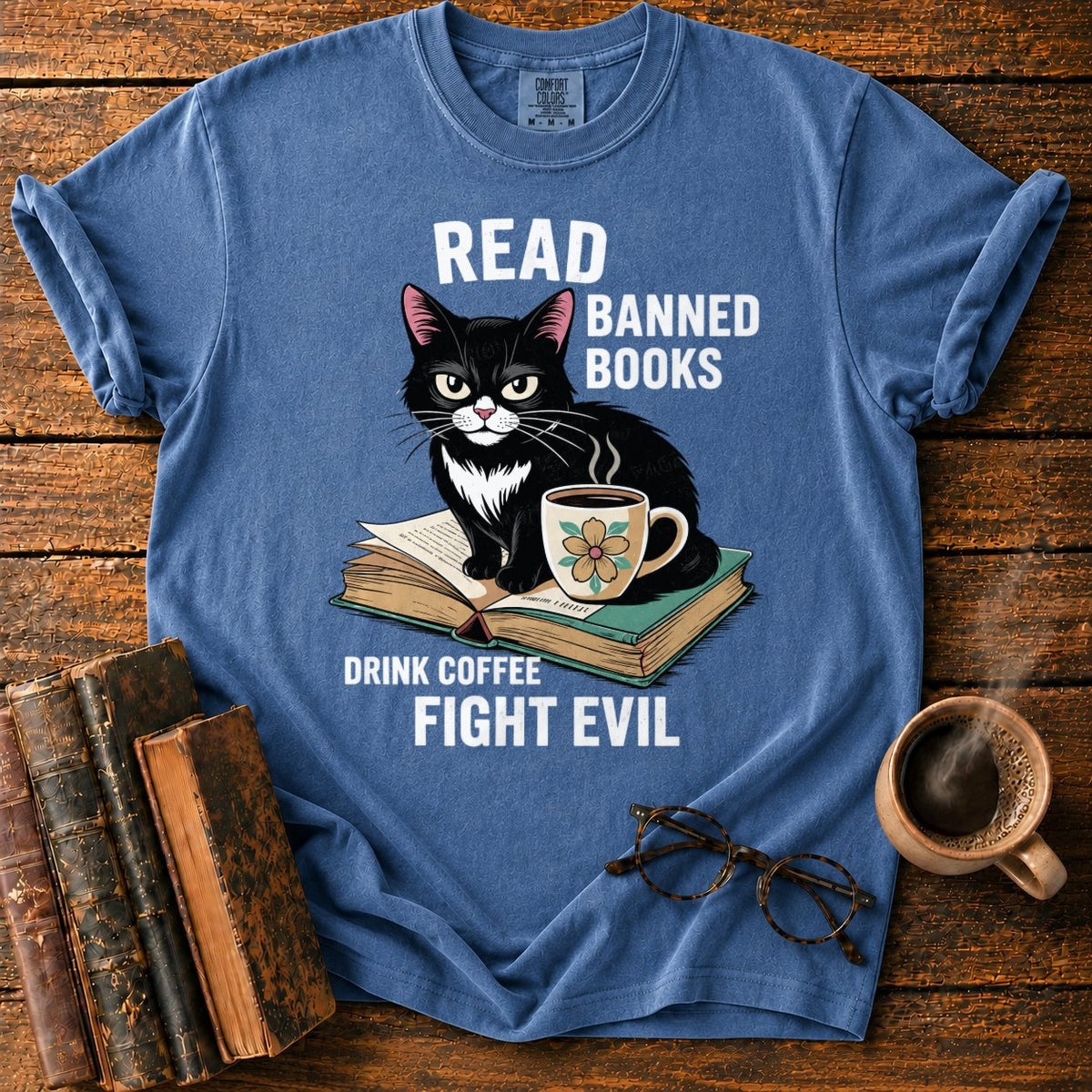 Tuxedo Cat, Books, And Coffee T-Shirt in Denim – BooksThreads