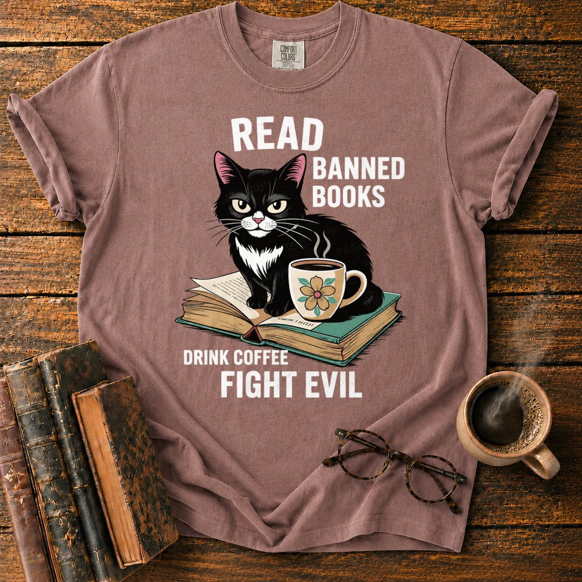 Tuxedo Cat, Books, And Coffee T-Shirt in Espresso – BooksThreads