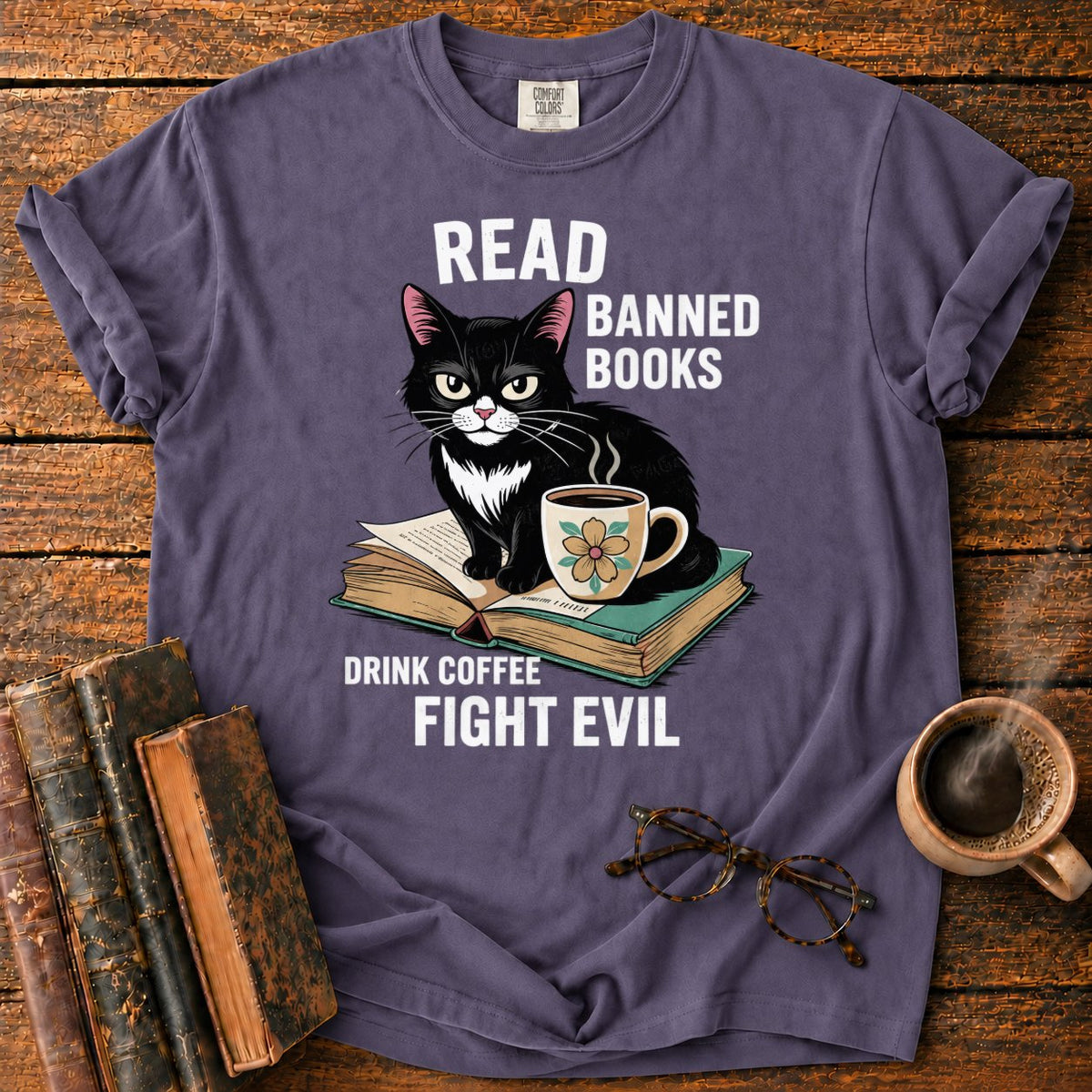 Tuxedo Cat, Books, And Coffee T-Shirt in Grape – BooksThreads
