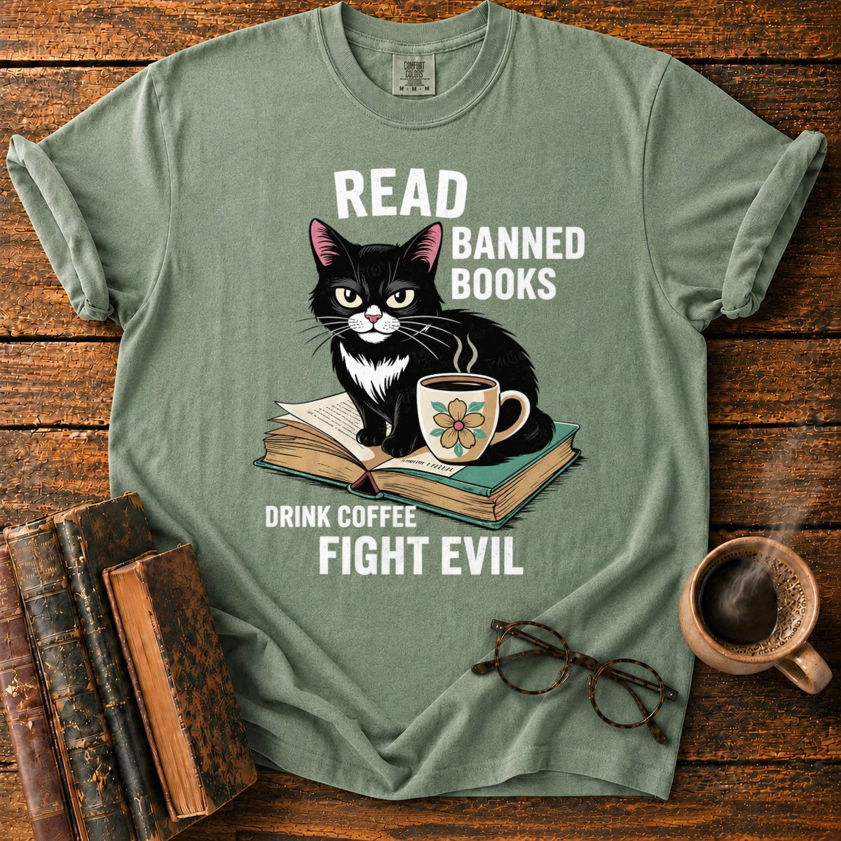 Tuxedo Cat, Books, And Coffee T-Shirt in Moss – BooksThreads