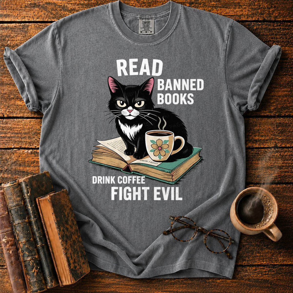 Tuxedo Cat, Books, And Coffee T-Shirt in Pepper – BooksThreads