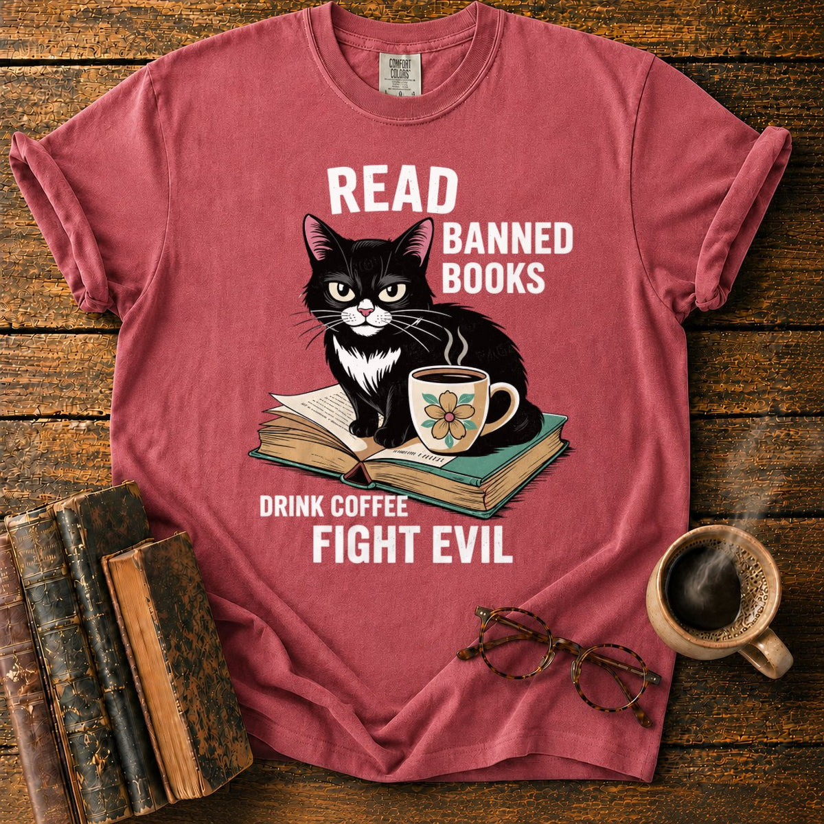 Tuxedo Cat, Books, And Coffee T-Shirt in Watermelon – BooksThreads