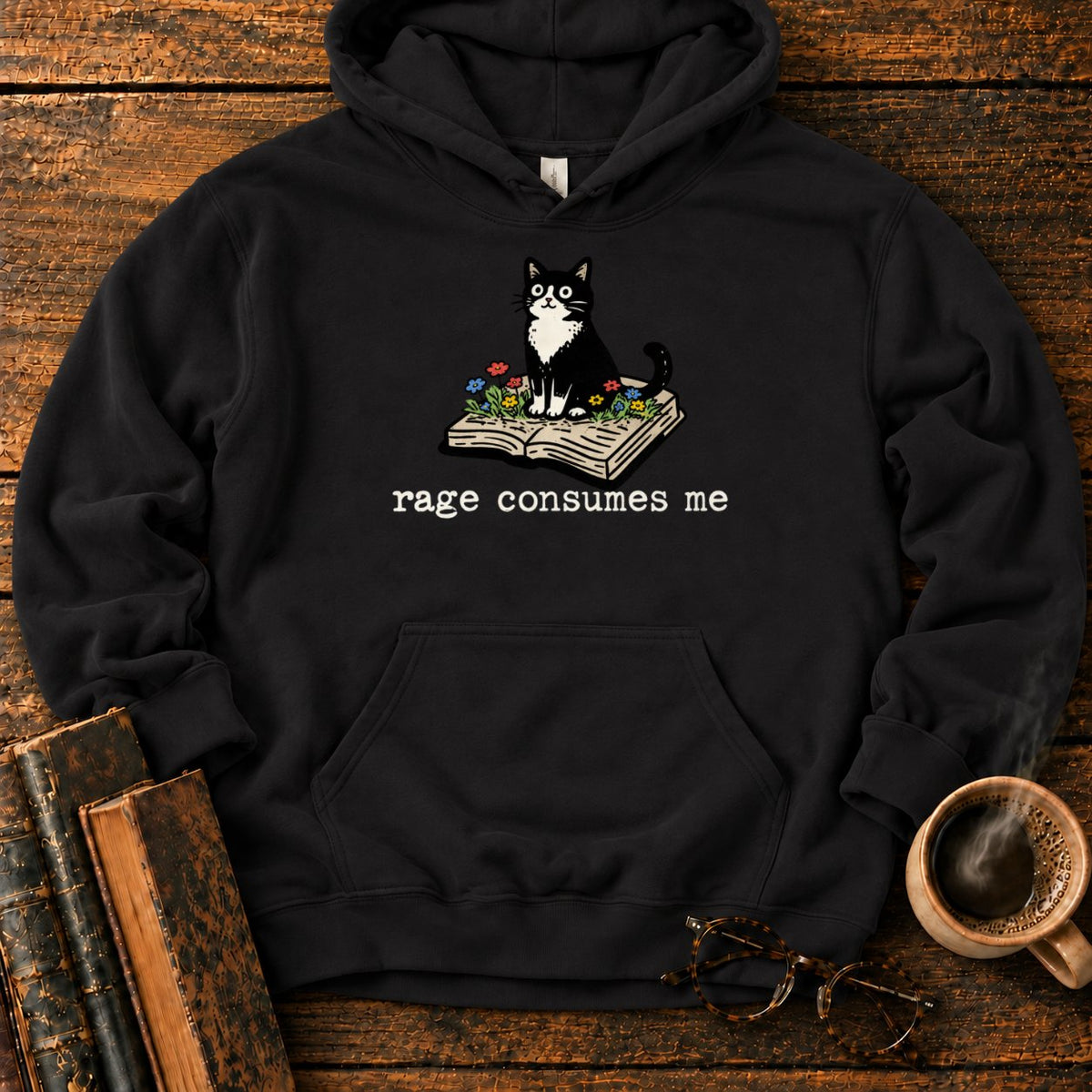 Tuxedo Cat With Rage Consumes Me Hoodie in Black – BooksThreads