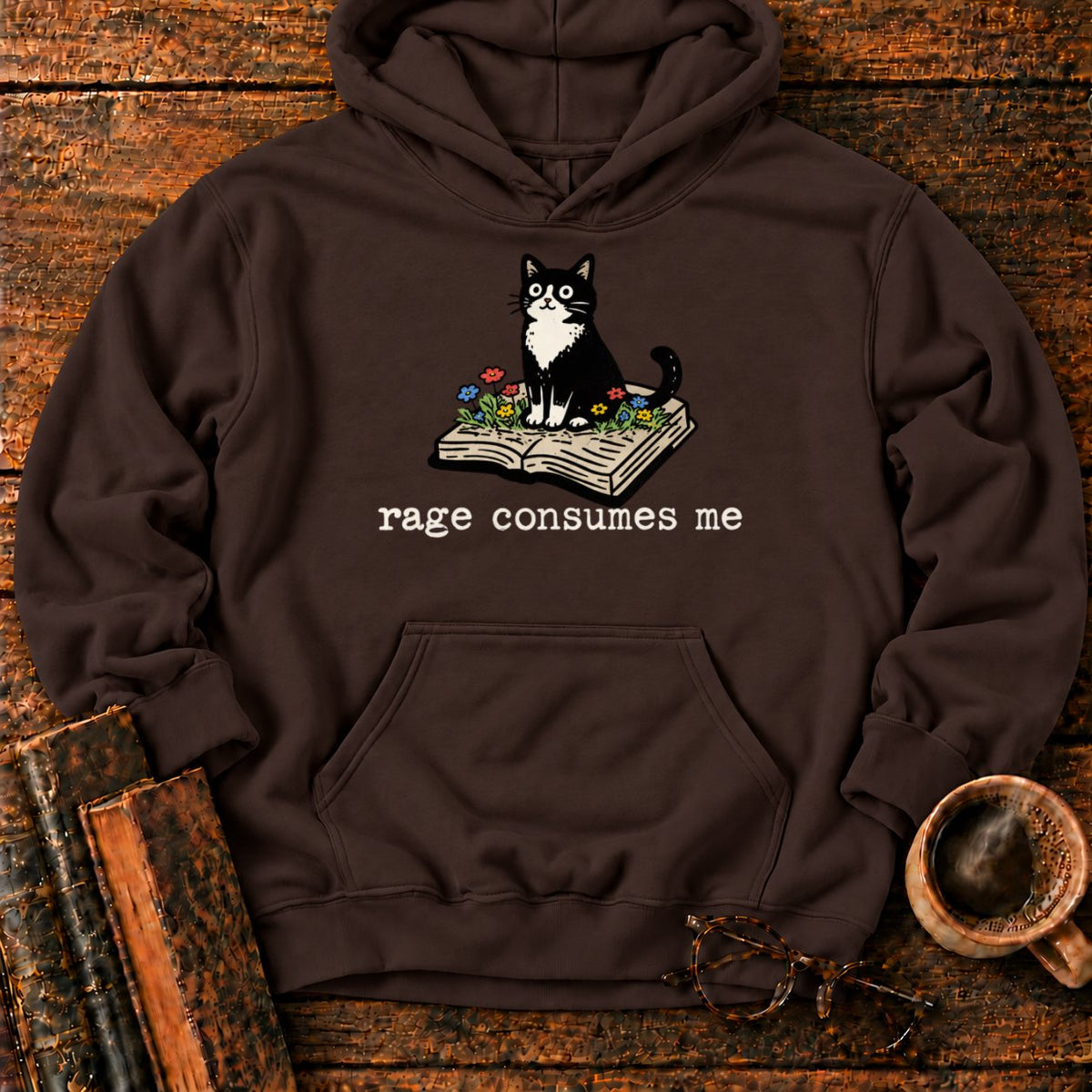 Tuxedo Cat With Rage Consumes Me Hoodie in Dark Chocolate – BooksThreads