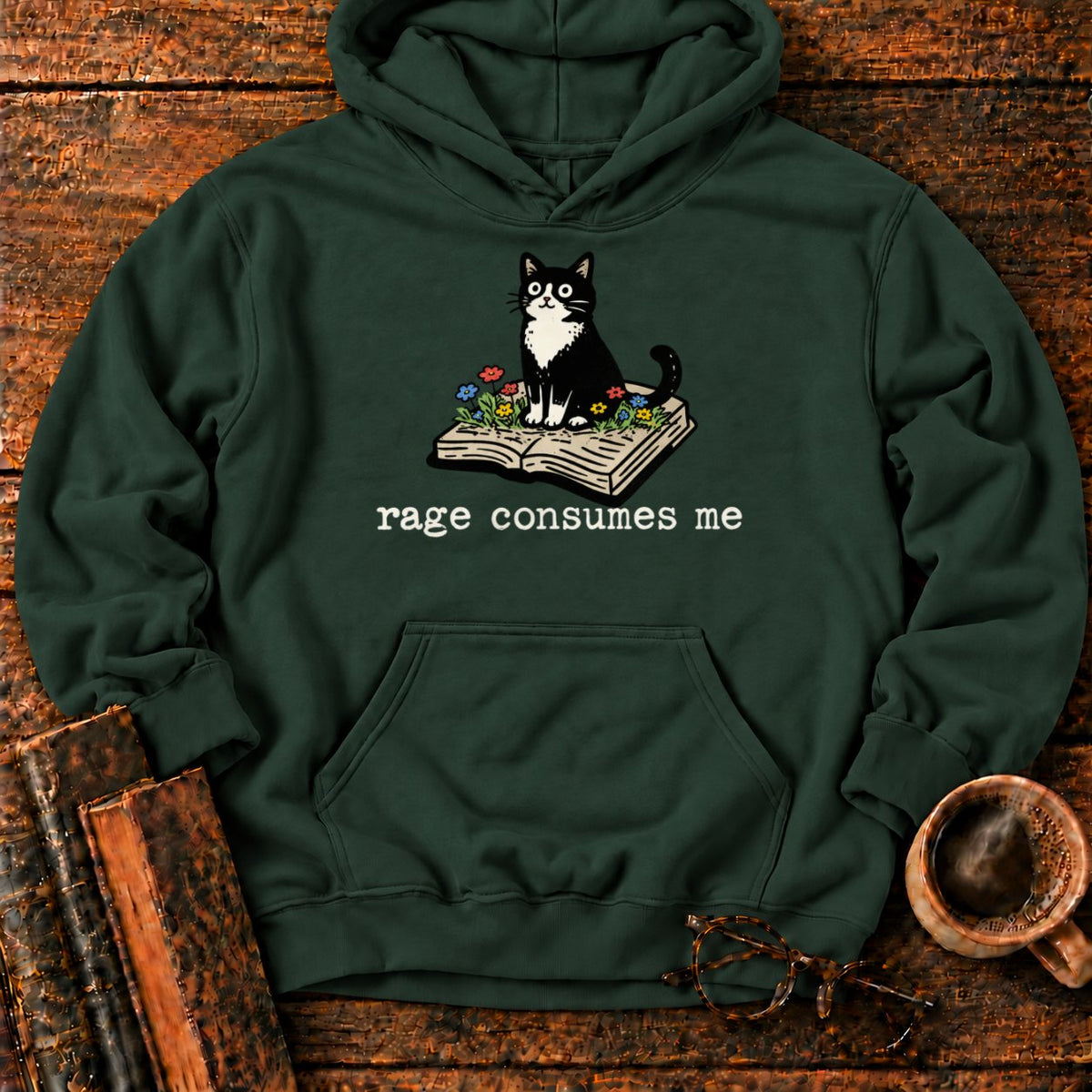 Tuxedo Cat With Rage Consumes Me Hoodie in Forest Green – BooksThreads