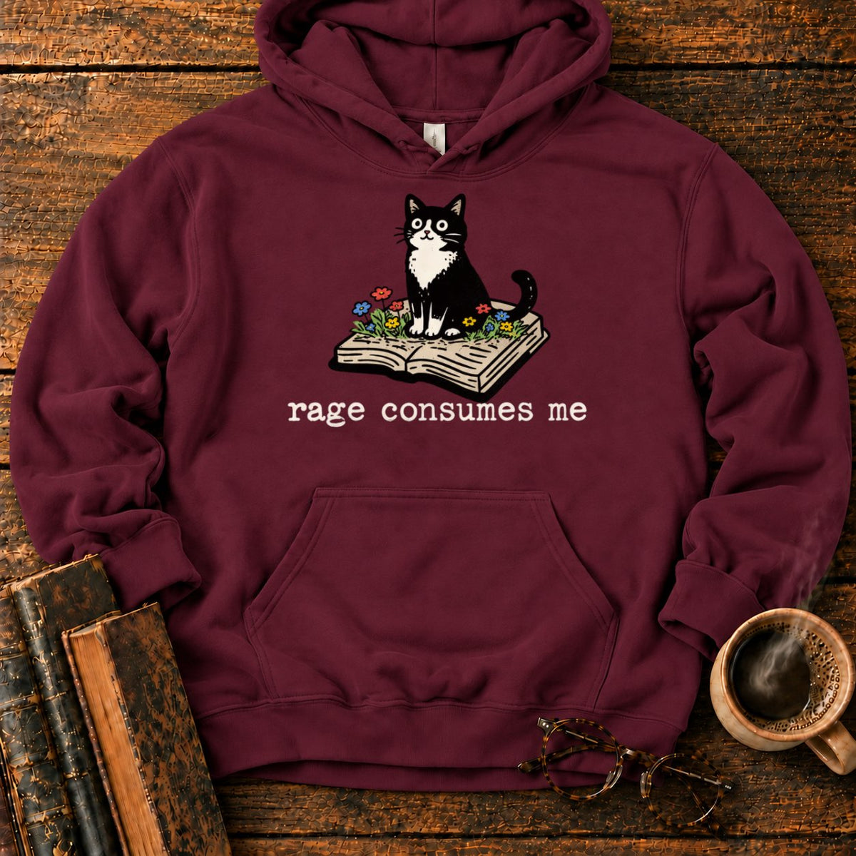 Tuxedo Cat With Rage Consumes Me Hoodie in Maroon – BooksThreads