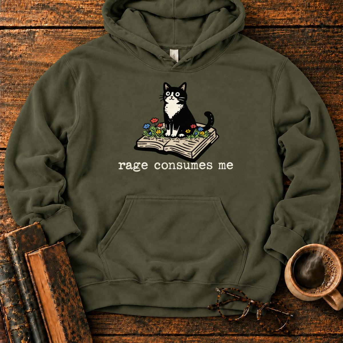 Tuxedo Cat With Rage Consumes Me Hoodie in Military Green – BooksThreads