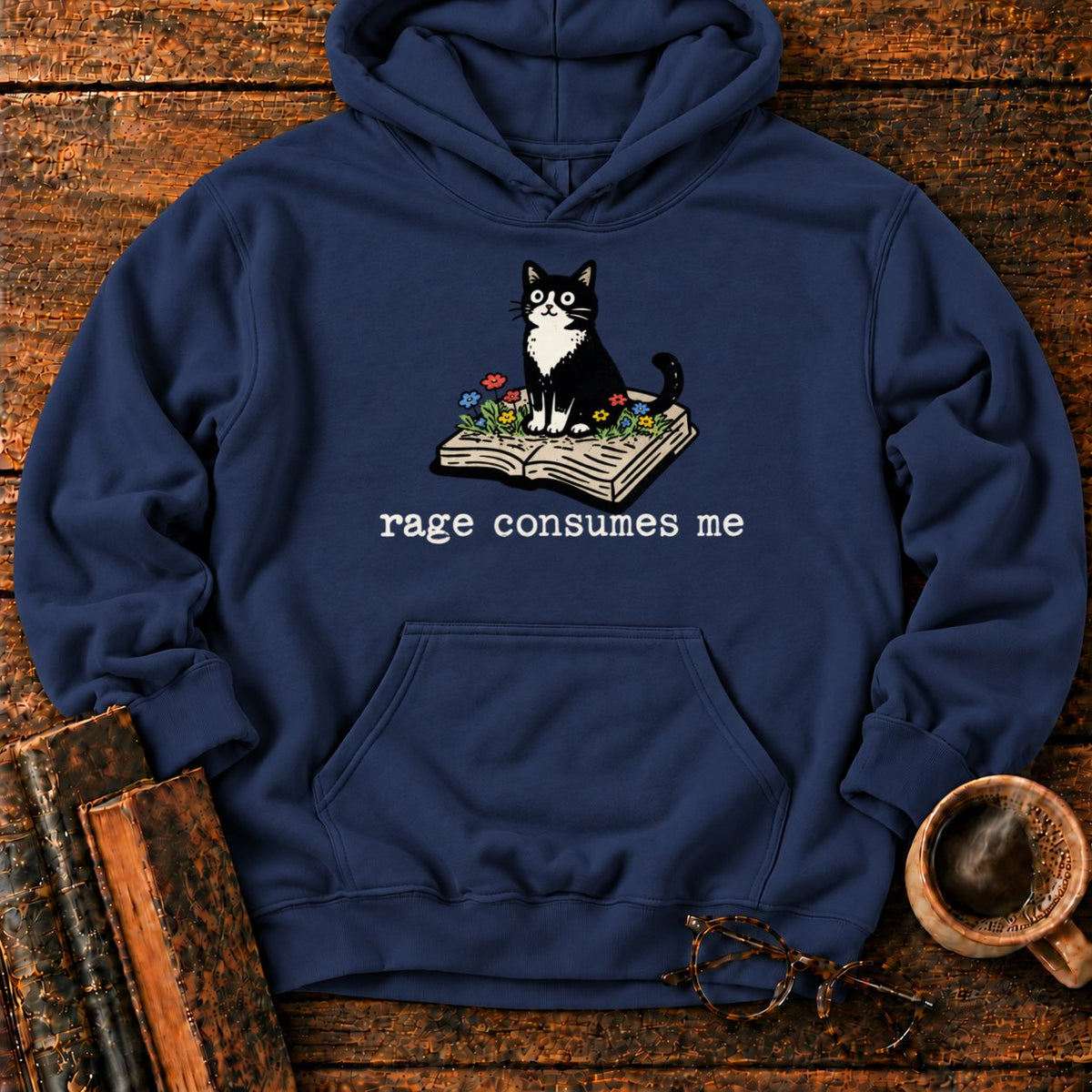 Tuxedo Cat With Rage Consumes Me Hoodie in Navy – BooksThreads