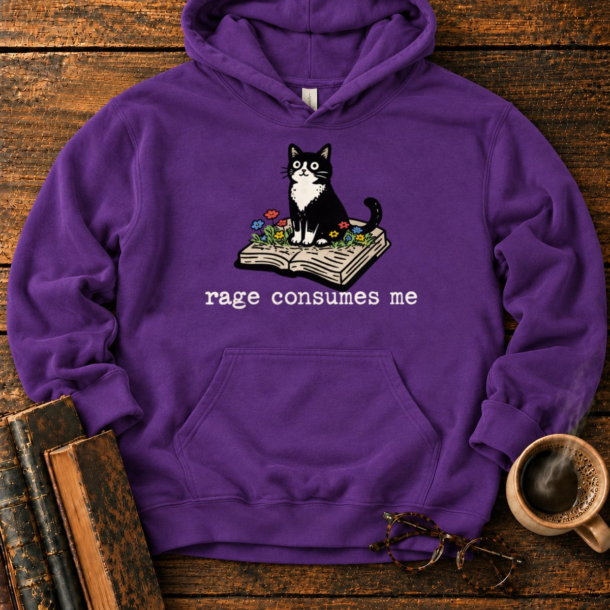 Tuxedo Cat With Rage Consumes Me Hoodie in Purple – BooksThreads