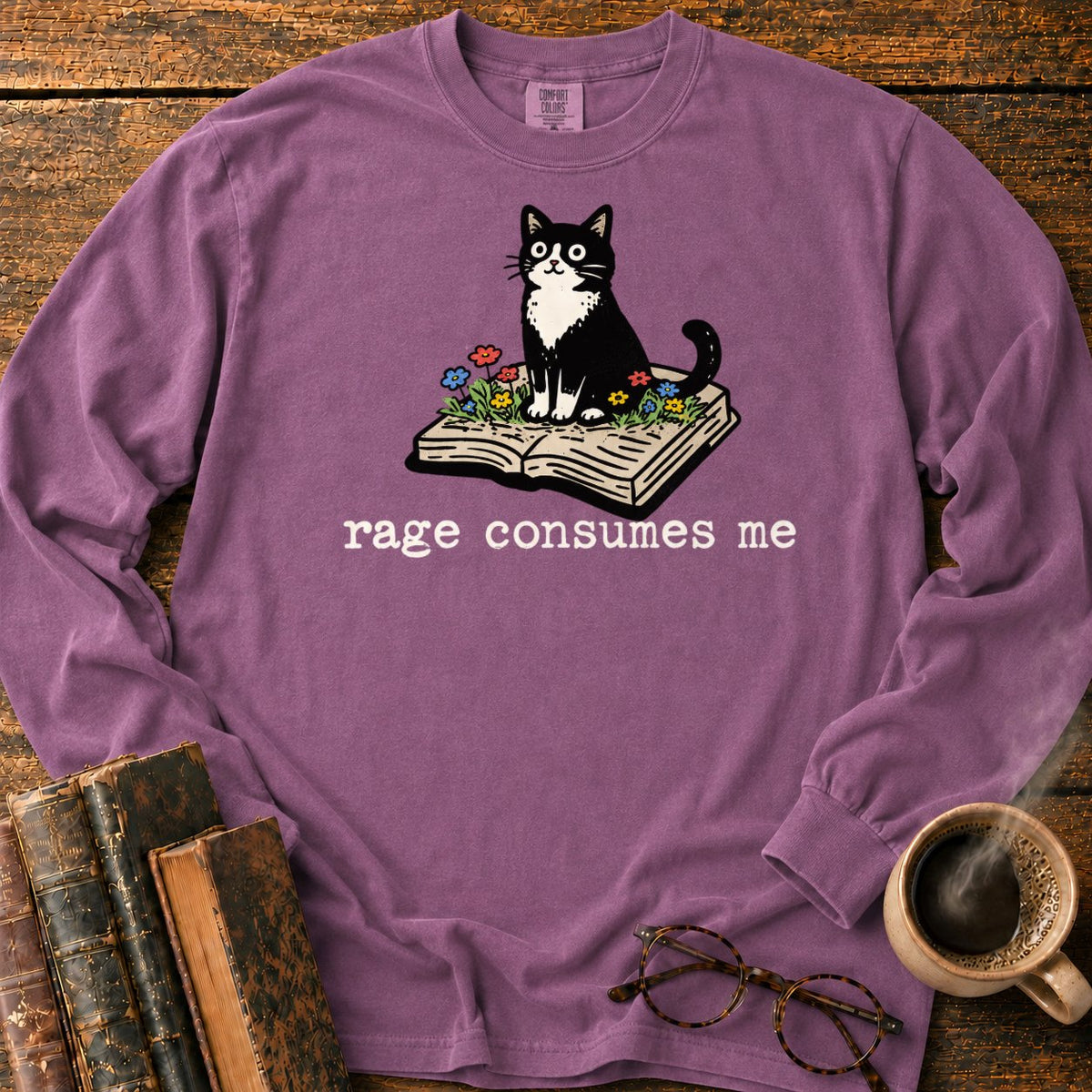 Tuxedo Cat With Rage Consumes Me LS T-Shirt in Berry – BooksThreads
