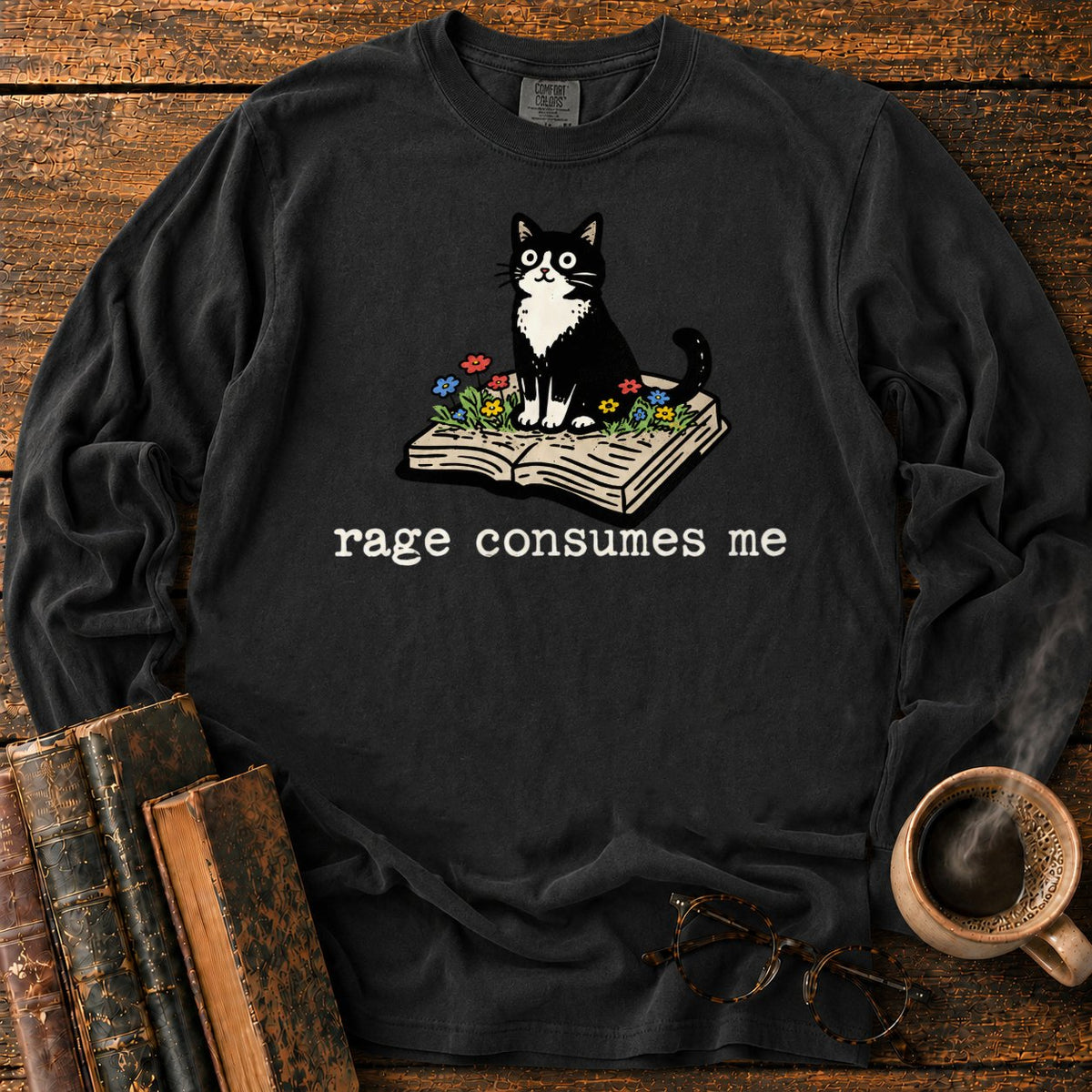 Tuxedo Cat With Rage Consumes Me LS T-Shirt in Black – BooksThreads
