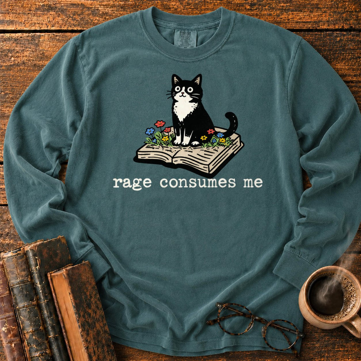 Tuxedo Cat With Rage Consumes Me LS T-Shirt in Blue Spruce – BooksThreads